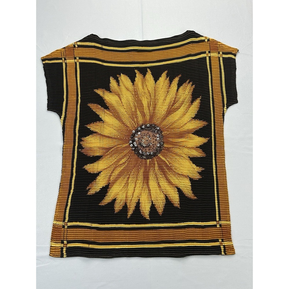 Karen Arnold Sunflower Crinkle Stretch Top L Yellow Black Floral Boho Y2K Retro
